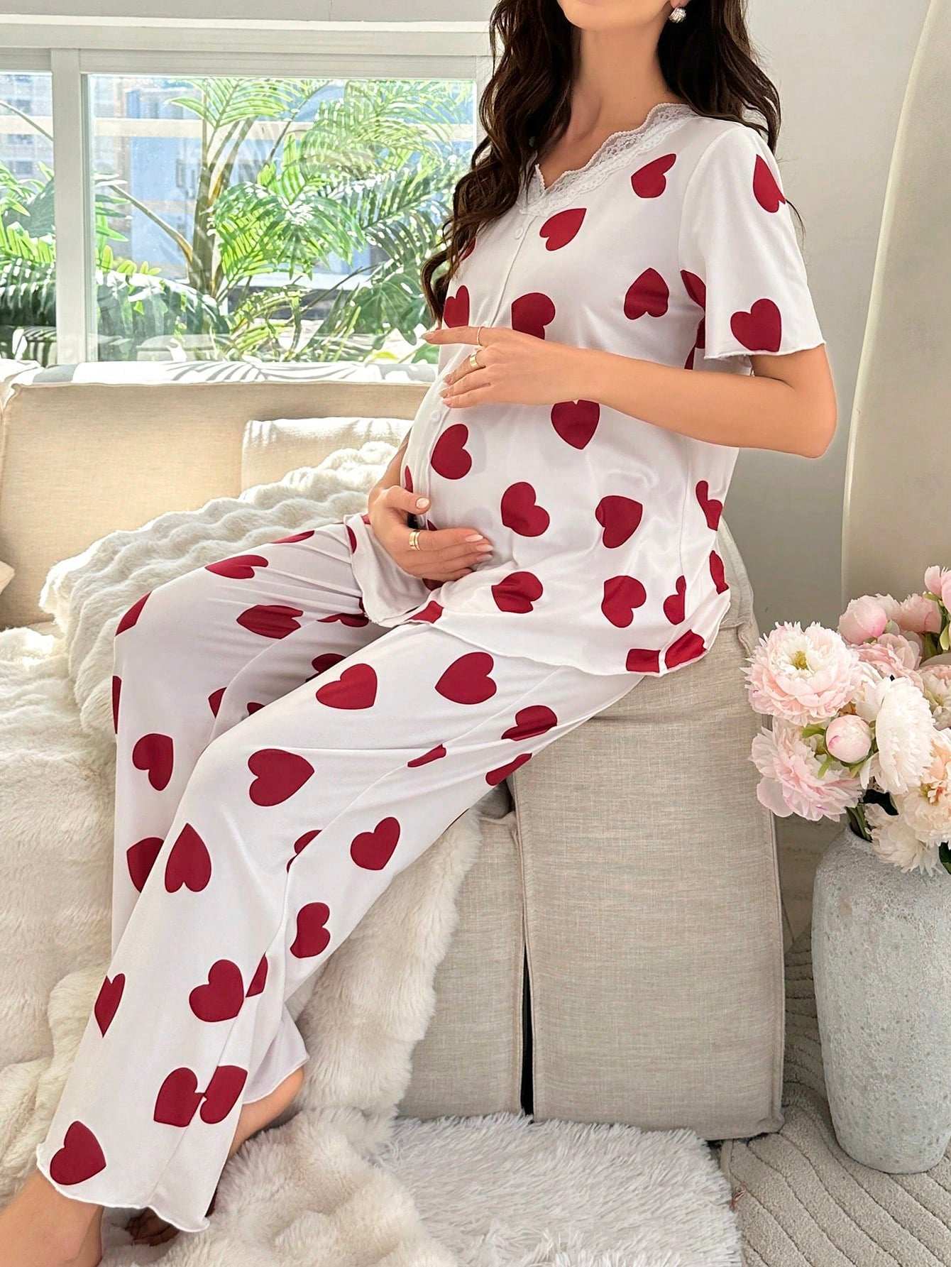 طقم بيجامة قصيرة الأكمام بطبعة قلب للأمومة - Pink&blue