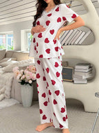 طقم بيجامة قصيرة الأكمام بطبعة قلب للأمومة - Pink&blue