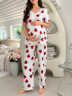 طقم بيجامة قصيرة الأكمام بطبعة قلب للأمومة - Pink&blue