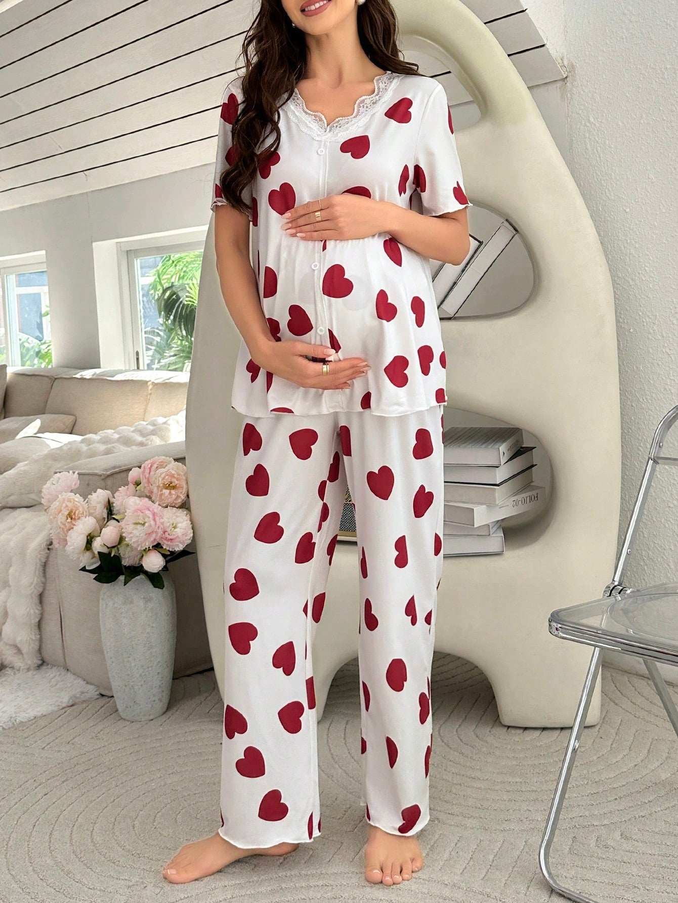 طقم بيجامة قصيرة الأكمام بطبعة قلب للأمومة - Pink&blue