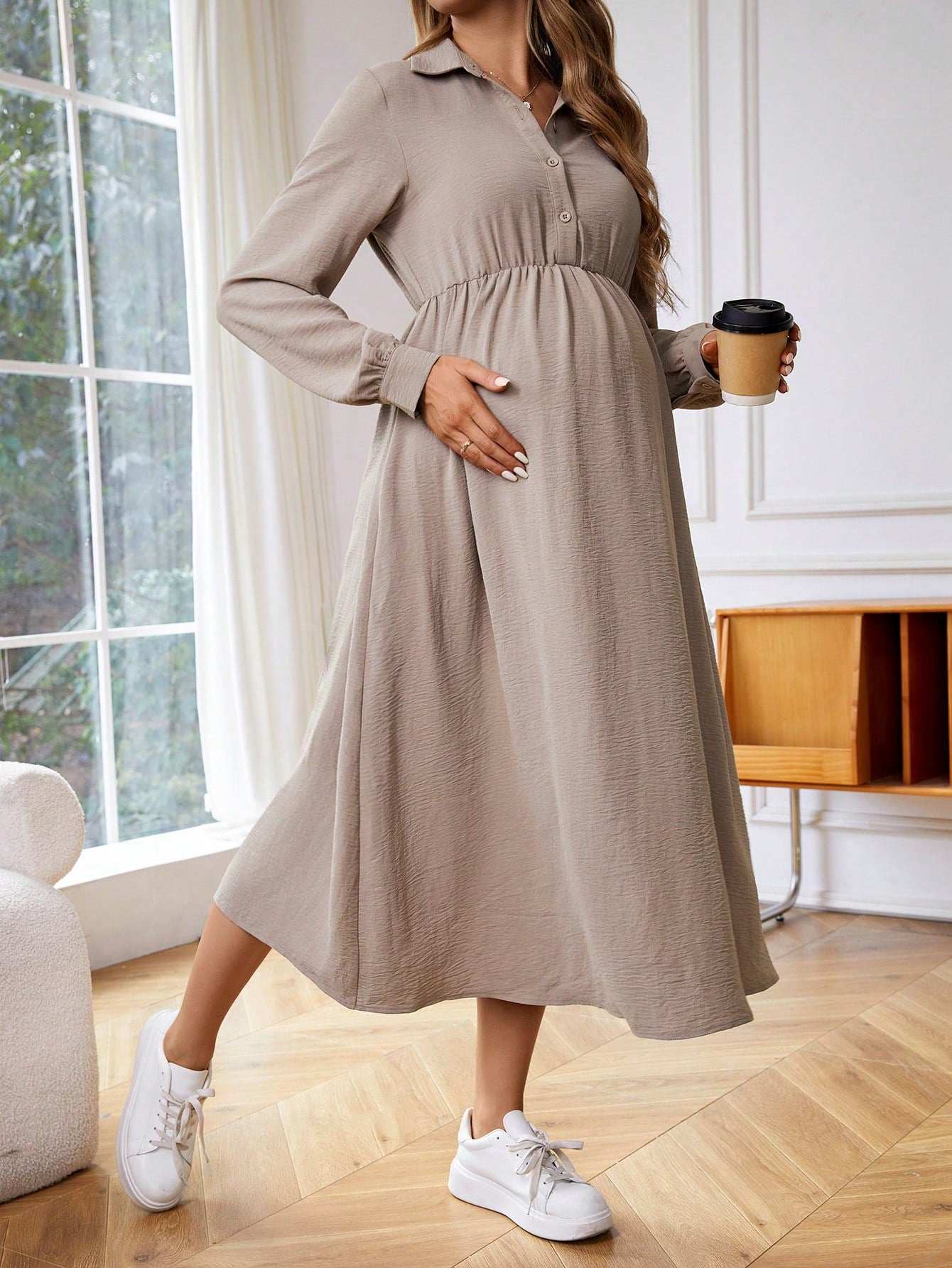 فستان بلوزة رضاعة طويلة الأكمام متعدد الوظائف للأمهات الحوامل - Pink&blue