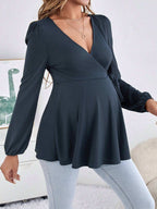 قميص نسائي للحوامل بأكمام جرس و ياقة على شكل V لون سادة - Pink&blue