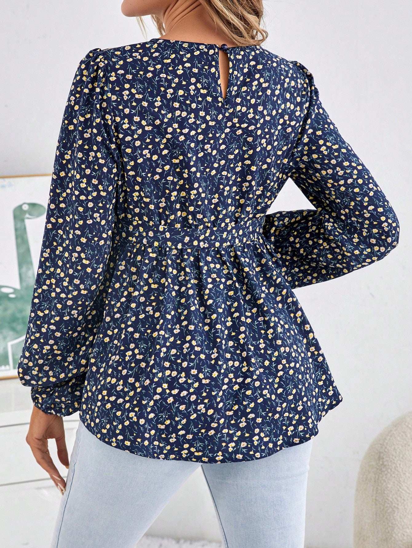 بلوزة بحزام وأكمام فانوس للحوامل مع طباعة زهور - Pink&blue