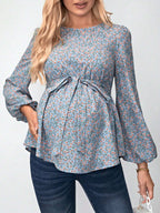 بلوزة طبعات زهرية مع أكمام بأسلوب قميص و حزام لحوامل - Pink&blue