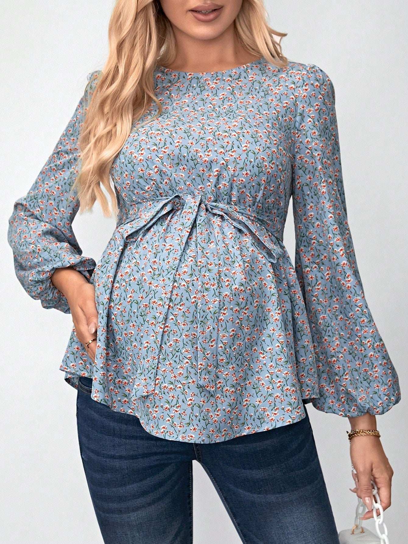 بلوزة طبعات زهرية مع أكمام بأسلوب قميص و حزام لحوامل - Pink&blue