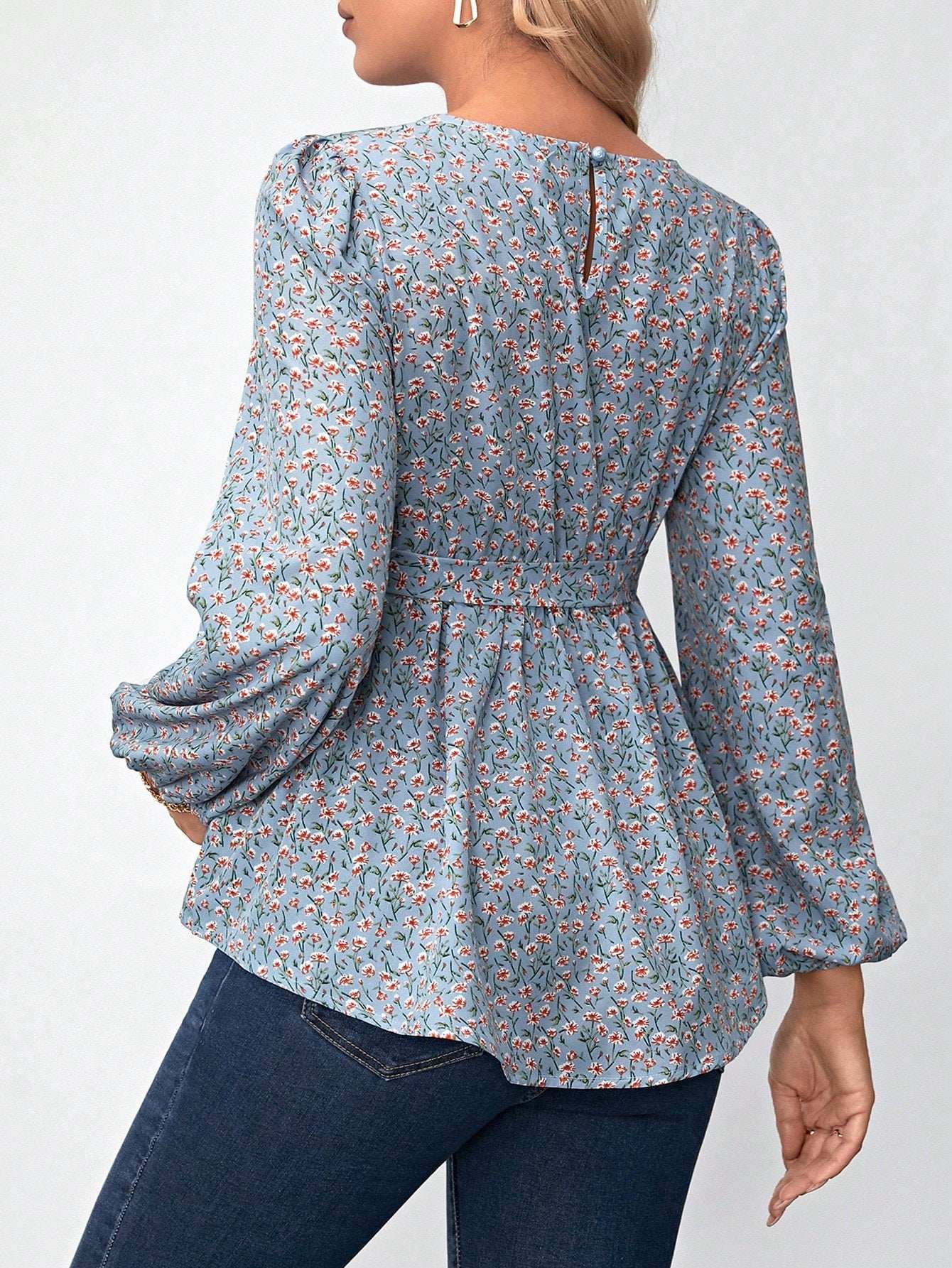 بلوزة طبعات زهرية مع أكمام بأسلوب قميص و حزام لحوامل - Pink&blue