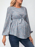 بلوزة طبعات زهرية مع أكمام بأسلوب قميص و حزام لحوامل - Pink&blue