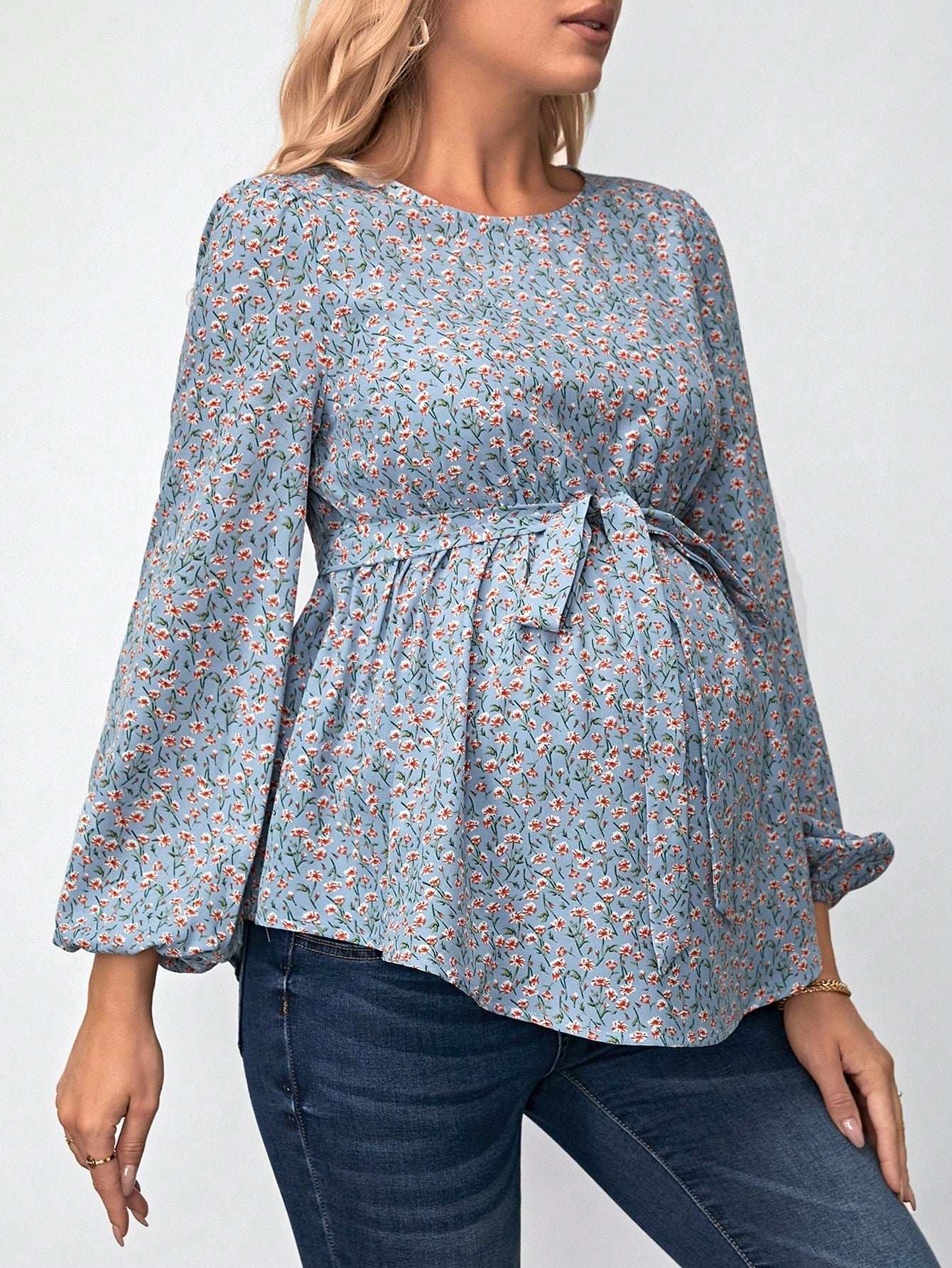 بلوزة طبعات زهرية مع أكمام بأسلوب قميص و حزام لحوامل - Pink&blue