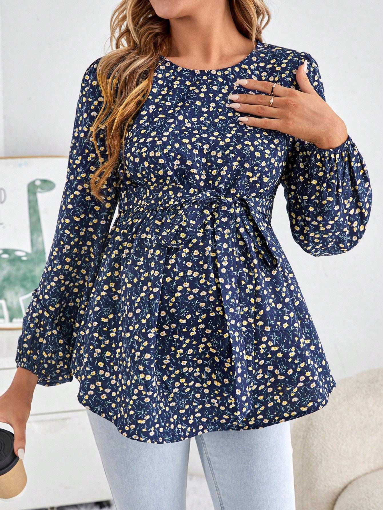 بلوزة بحزام وأكمام فانوس للحوامل مع طباعة زهور - Pink&blue