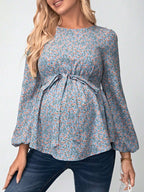 بلوزة طبعات زهرية مع أكمام بأسلوب قميص و حزام لحوامل - Pink&blue