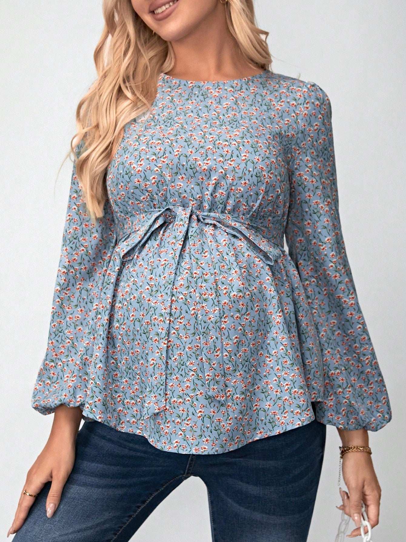 بلوزة طبعات زهرية مع أكمام بأسلوب قميص و حزام لحوامل - Pink&blue