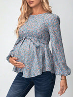 بلوزة طبعات زهرية مع أكمام بأسلوب قميص و حزام لحوامل - Pink&blue