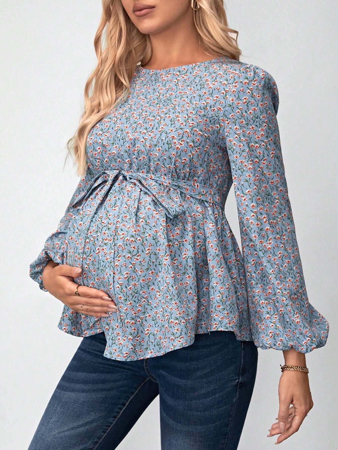 بلوزة طبعات زهرية مع أكمام بأسلوب قميص و حزام لحوامل - Pink&blue