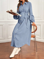 فستان قميص بحزام بأكمام فانوس الأمومة - Pink&blue