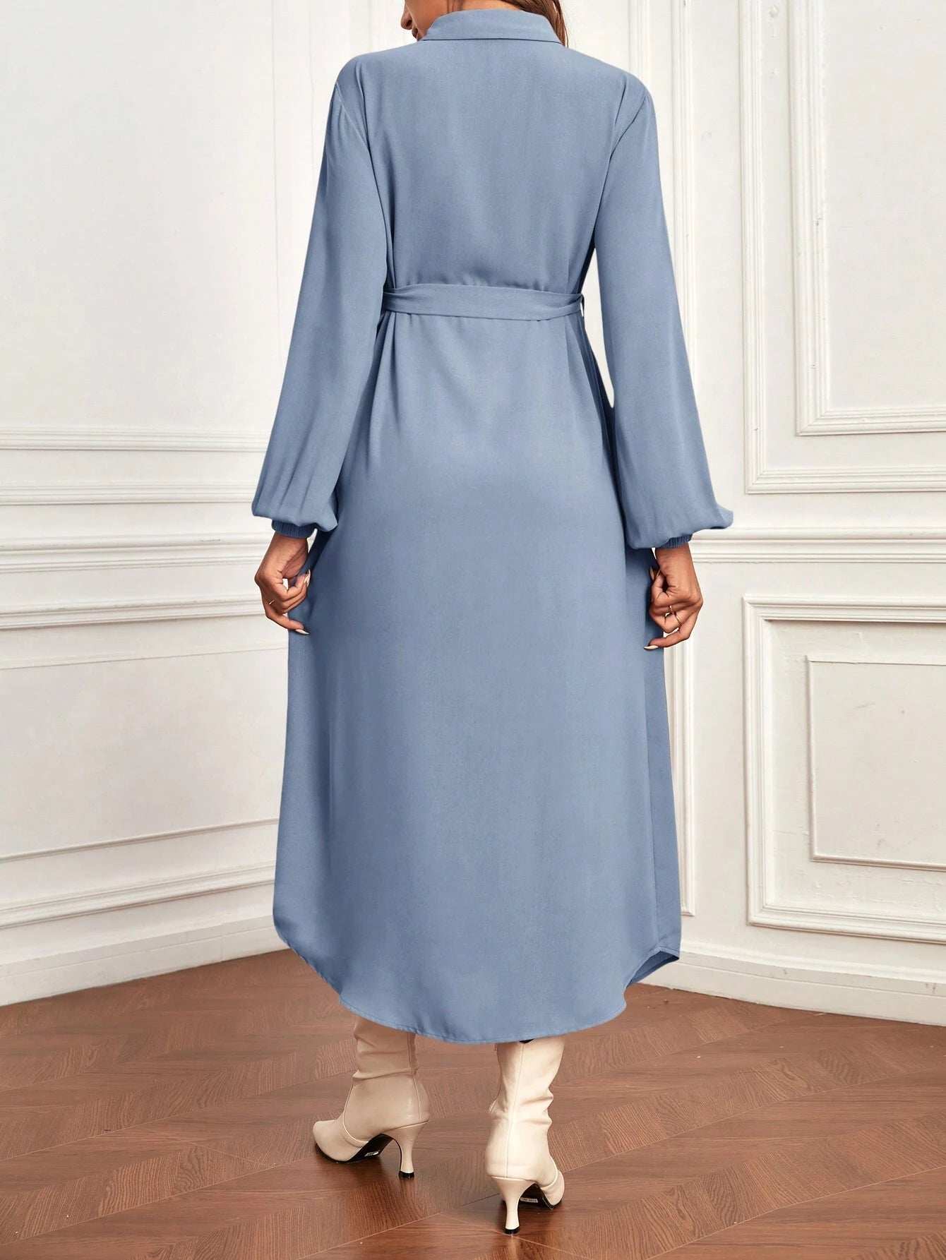 فستان قميص بحزام بأكمام فانوس الأمومة - Pink&blue