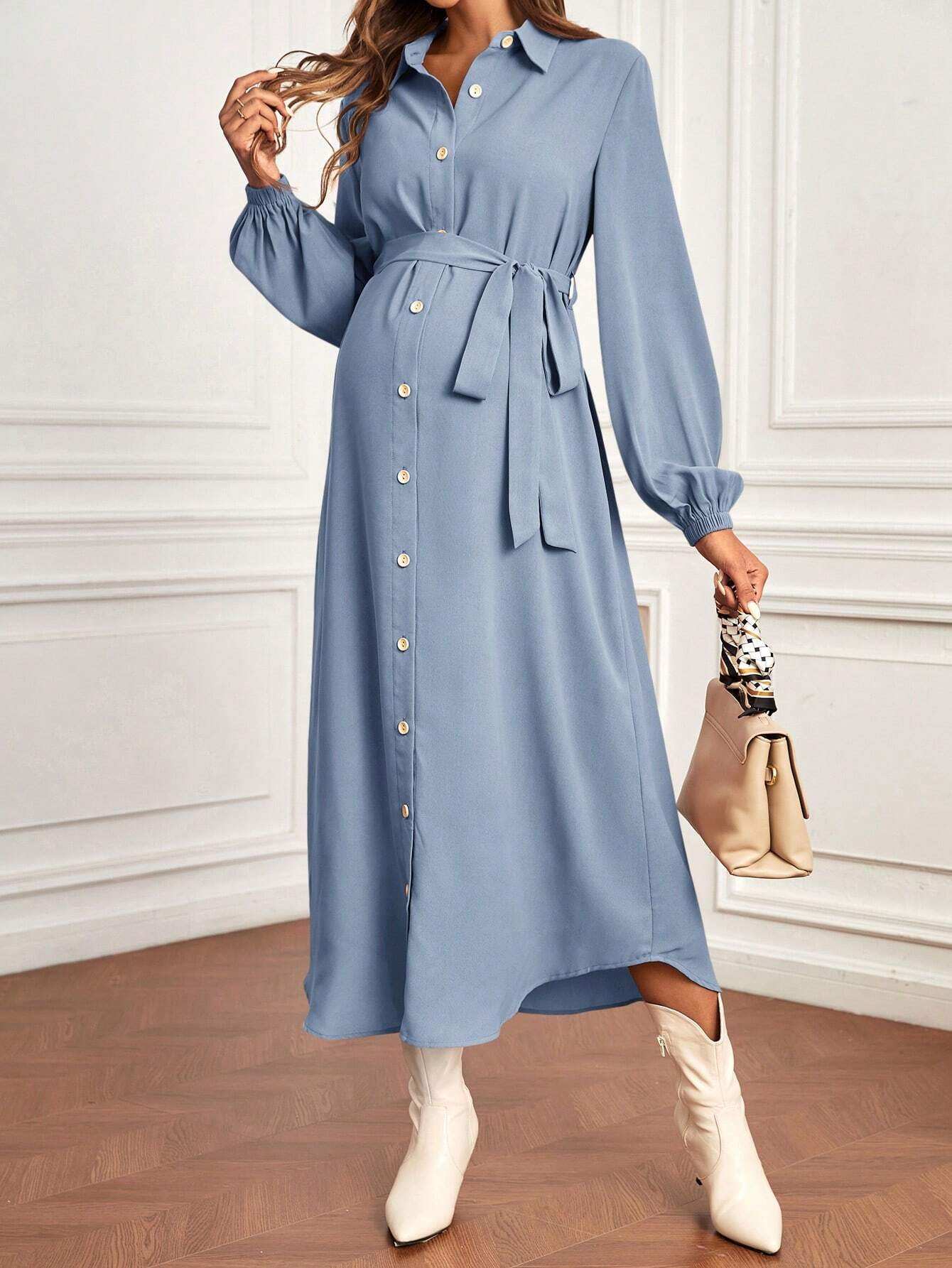 فستان قميص بحزام بأكمام فانوس الأمومة - Pink&blue