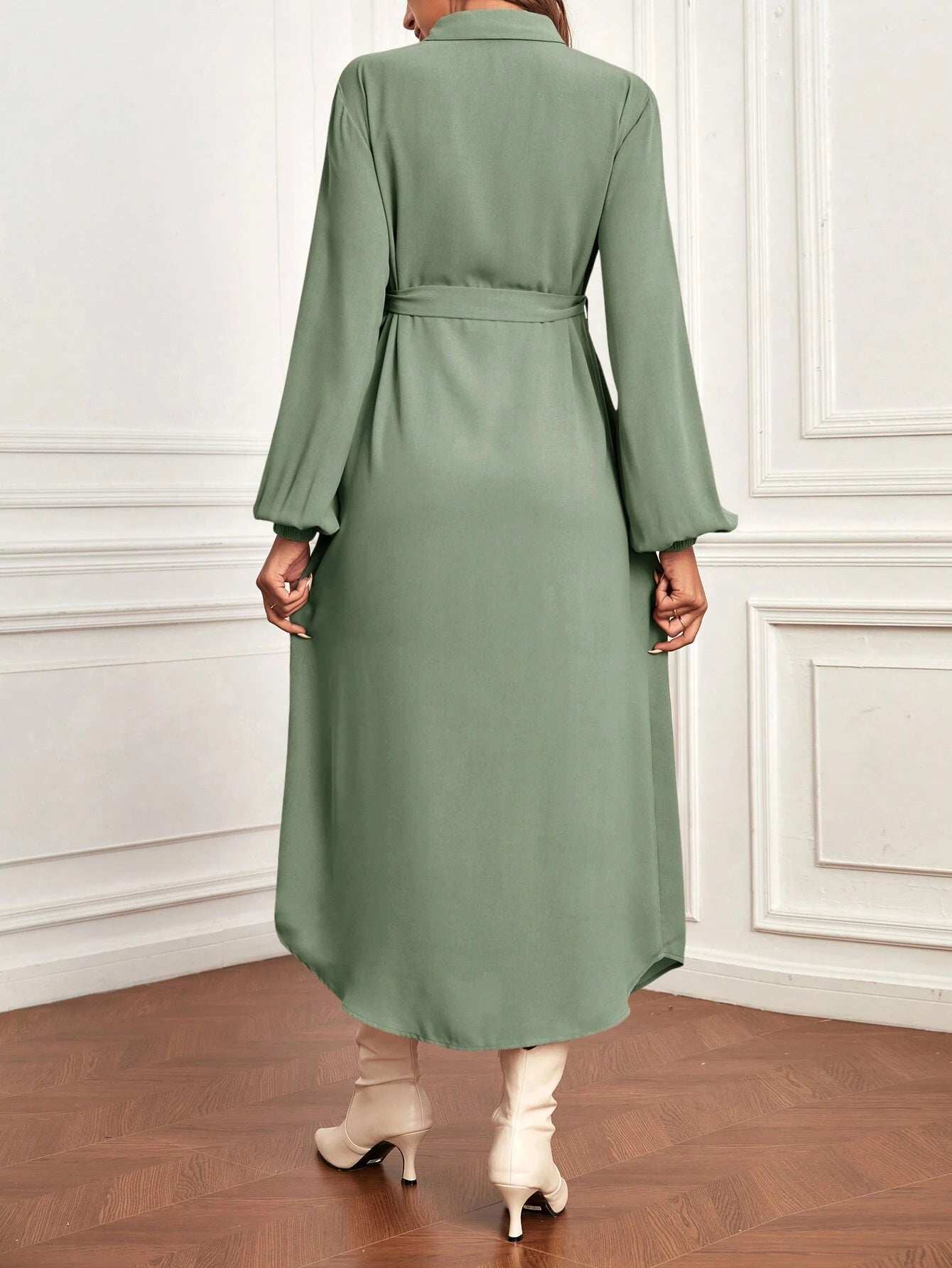 فستان قميص بحزام بأكمام فانوس الأمومة - Pink&blue