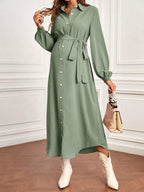 فستان قميص بحزام بأكمام فانوس الأمومة - Pink&blue