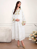 فستان طويل أبيض فضفاض مريح لموسم الربيع، للحوامل، بخياطة مطرزة وتصميم ياقة مستدقة - Pink&blue