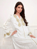 فستان طويل أبيض فضفاض مريح لموسم الربيع، للحوامل، بخياطة مطرزة وتصميم ياقة مستدقة - Pink&blue