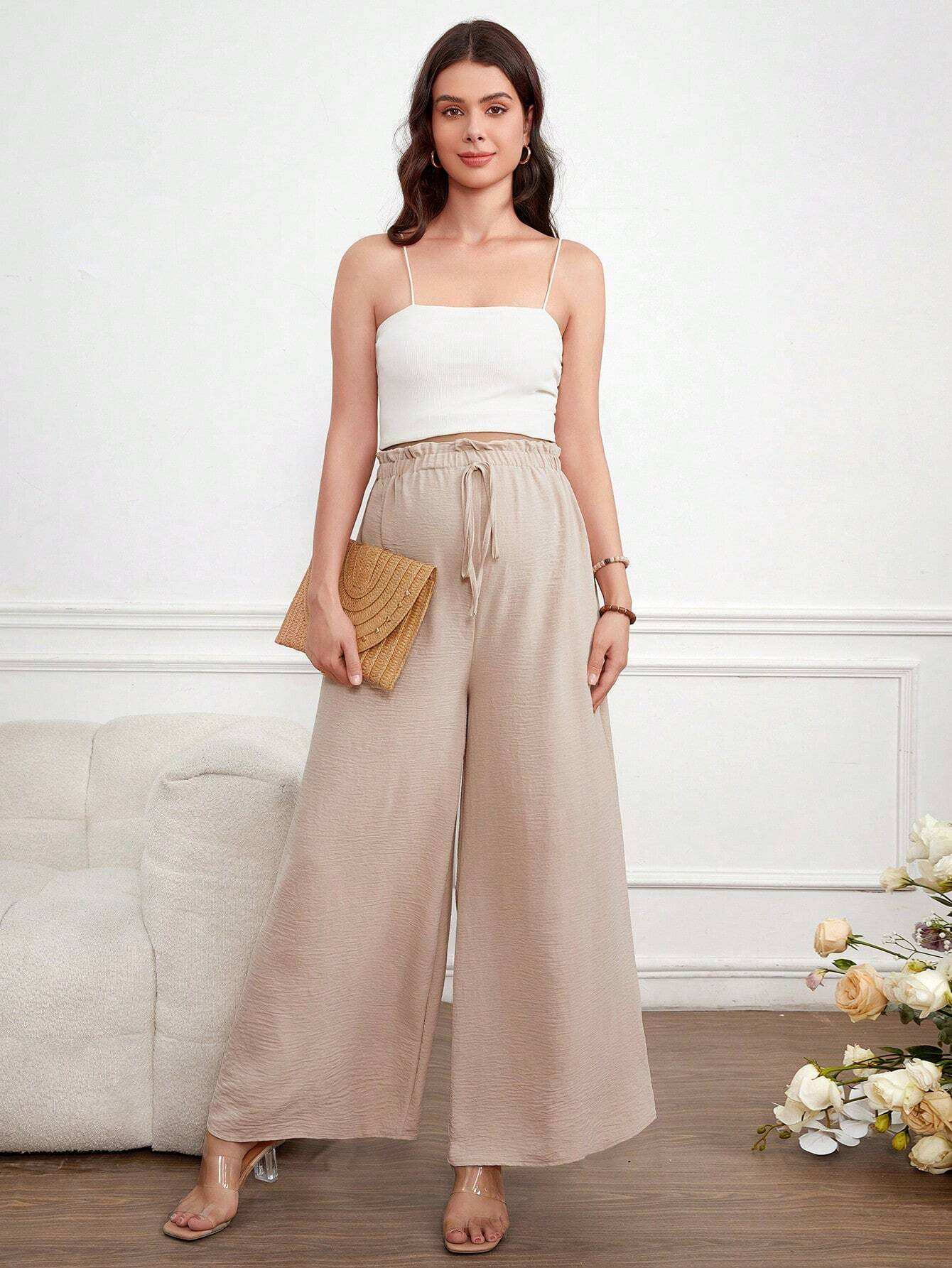 بنطلون مصمم للحوامل موضة سادة بخصر قابل للتعديل وأرجل واسعة - Pink&blue