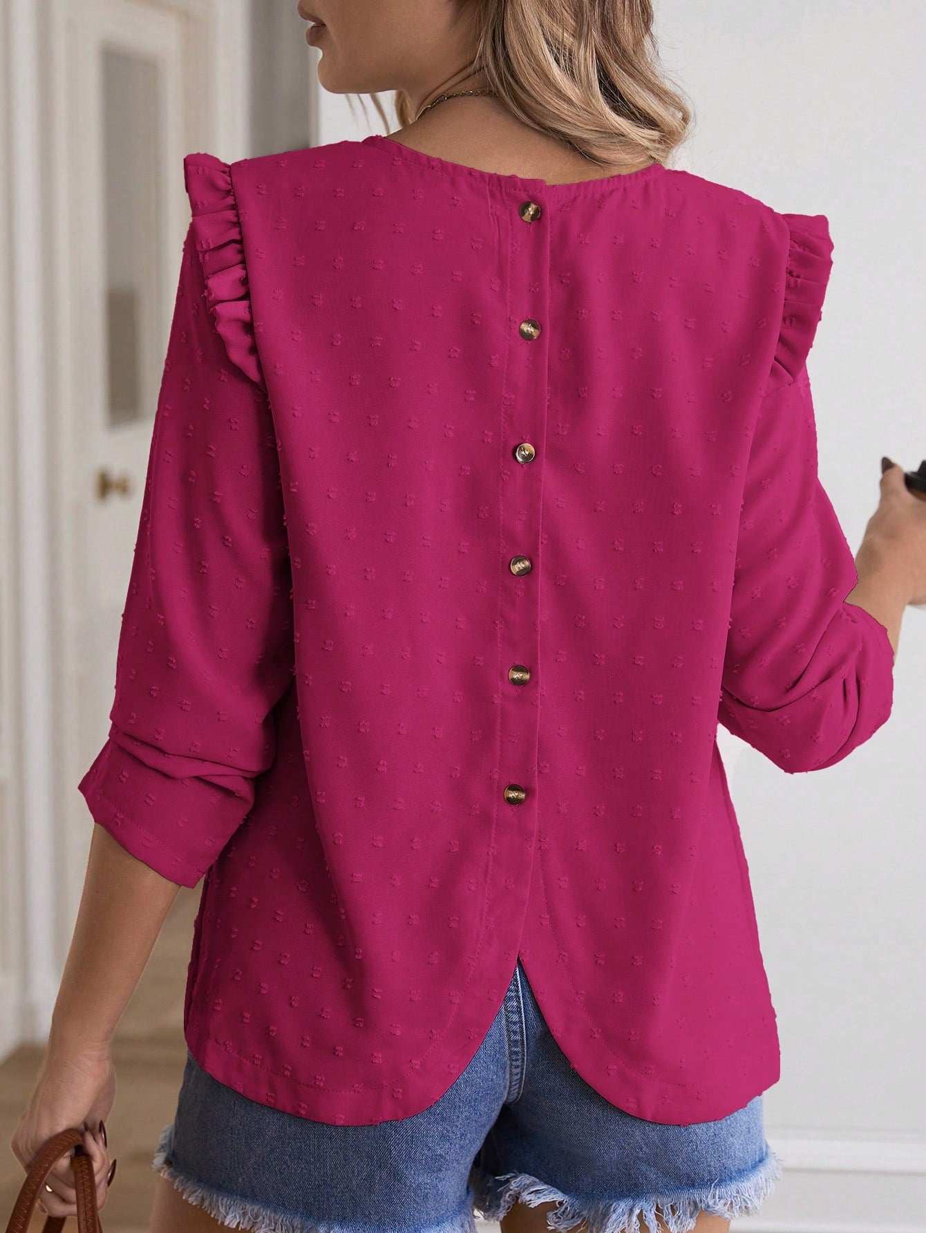 قميص أم للحمل موسم الربيع كاجوال مزين بلون الدوت السويسري وأزرار خلفية وأكمام طويلة - Pink&blue