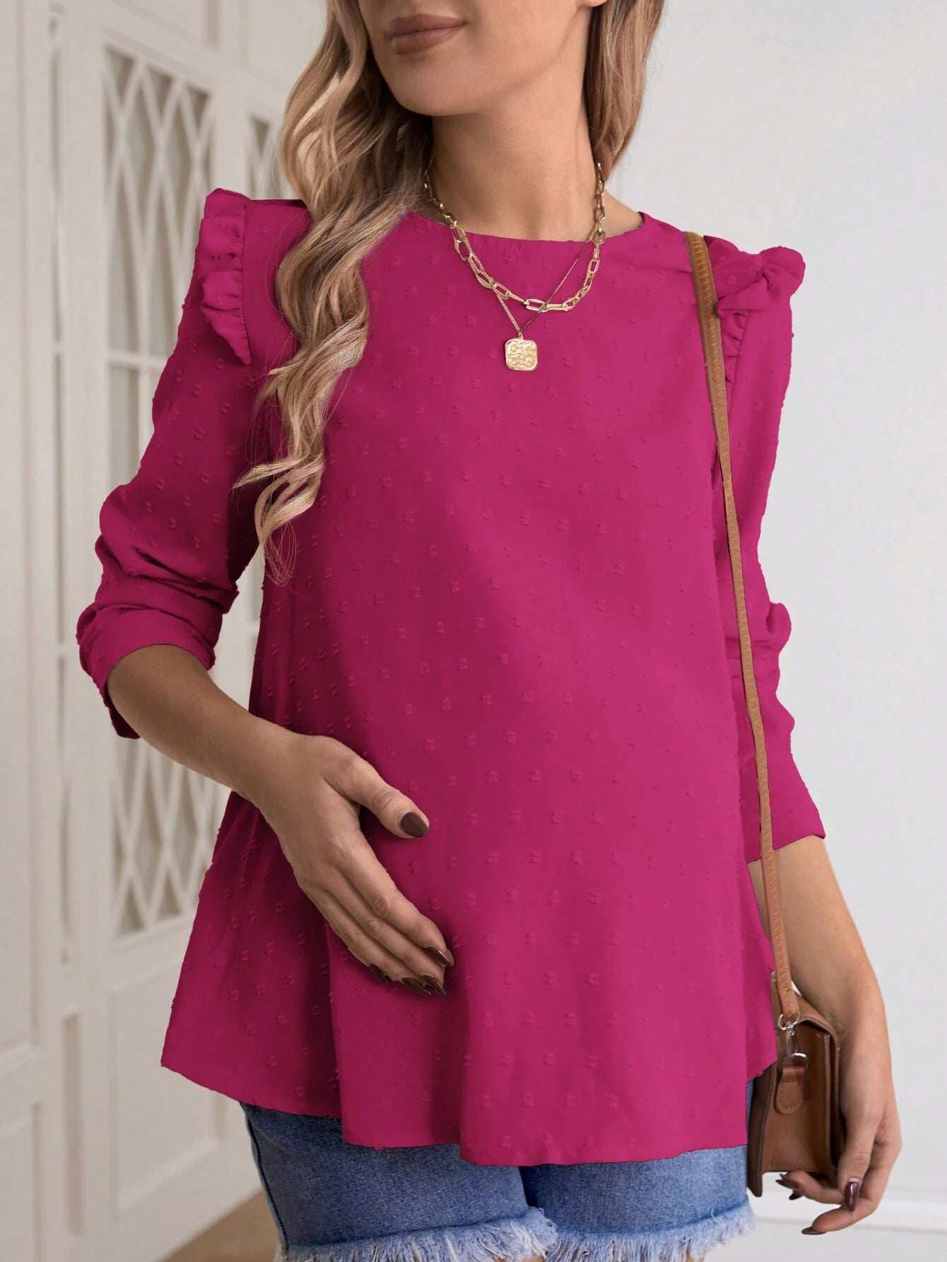 قميص أم للحمل موسم الربيع كاجوال مزين بلون الدوت السويسري وأزرار خلفية وأكمام طويلة - Pink&blue