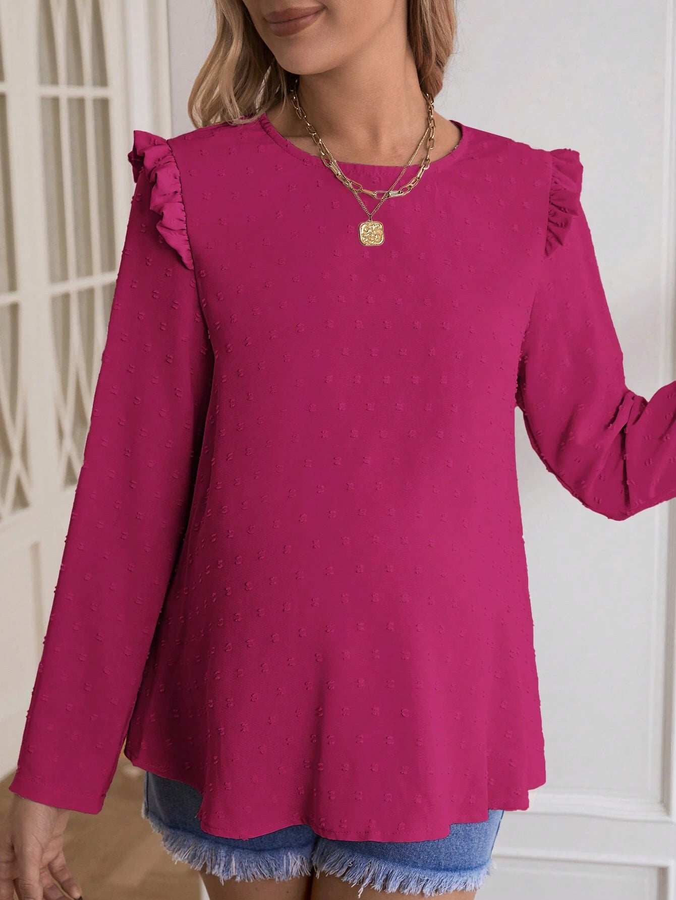 قميص أم للحمل موسم الربيع كاجوال مزين بلون الدوت السويسري وأزرار خلفية وأكمام طويلة - Pink&blue