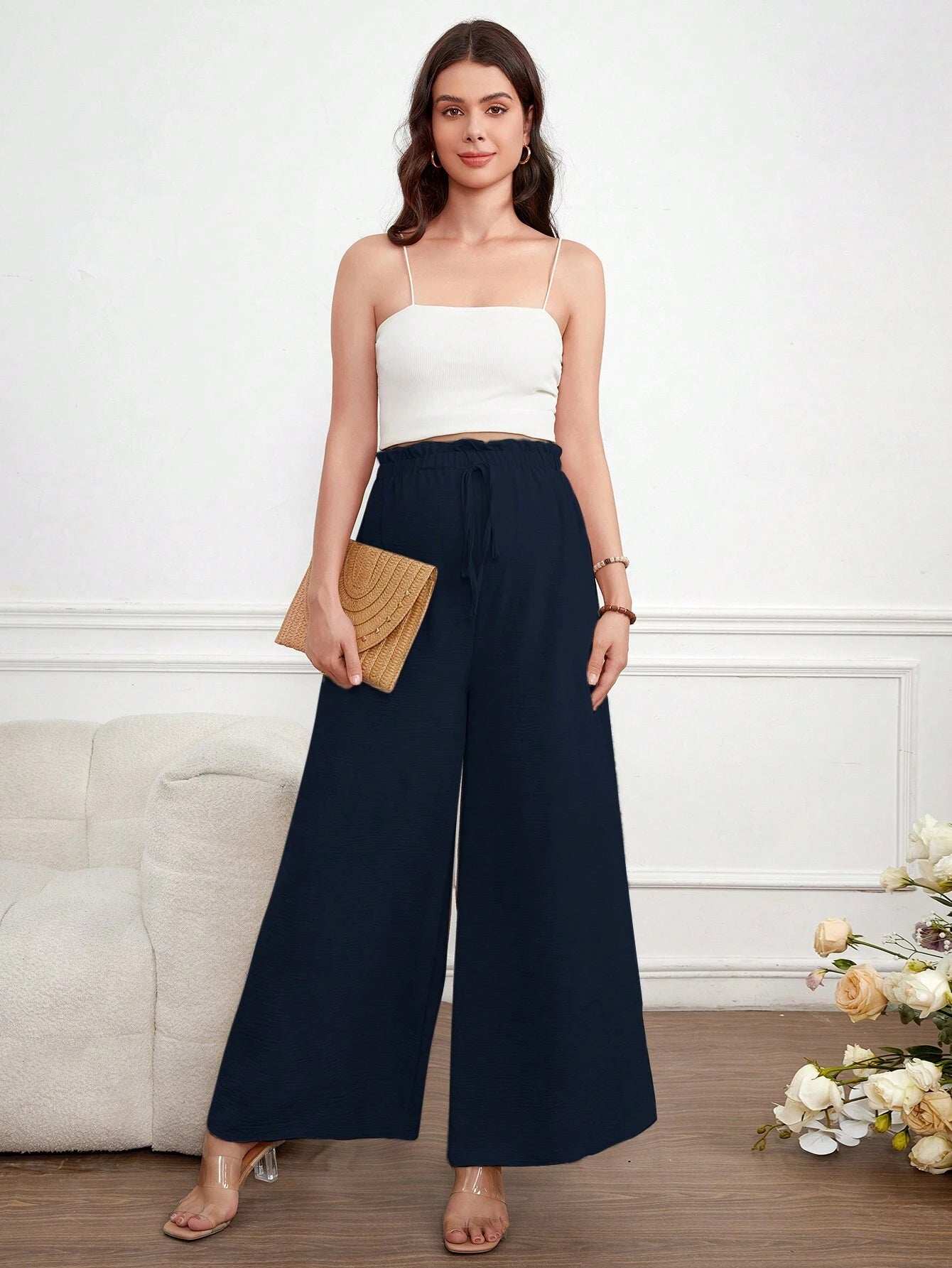 بنطلون نسائي حوامل بخصر عالي واسع معدل المقاس بلون سادة - Pink&blue