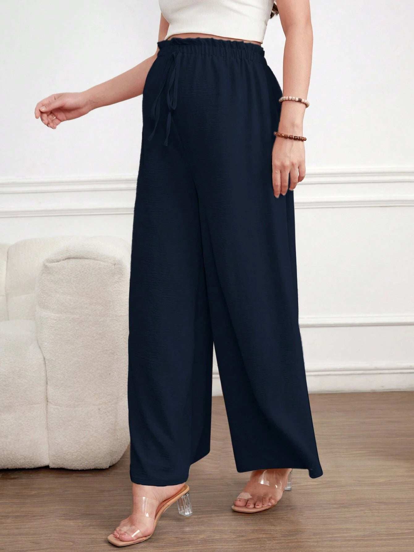 بنطلون نسائي حوامل بخصر عالي واسع معدل المقاس بلون سادة - Pink&blue