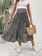 تنورة طيات متدفقة بخصر مطوي ذات رسومات وردية للإجازة الصيفية الحوامل - Pink&blue