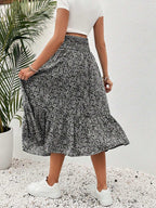 تنورة طيات متدفقة بخصر مطوي ذات رسومات وردية للإجازة الصيفية الحوامل - Pink&blue