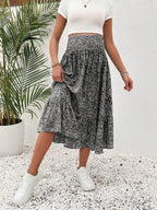 تنورة طيات متدفقة بخصر مطوي ذات رسومات وردية للإجازة الصيفية الحوامل - Pink&blue