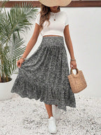 تنورة طيات متدفقة بخصر مطوي ذات رسومات وردية للإجازة الصيفية الحوامل - Pink&blue