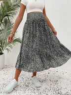 تنورة طيات متدفقة بخصر مطوي ذات رسومات وردية للإجازة الصيفية الحوامل - Pink&blue