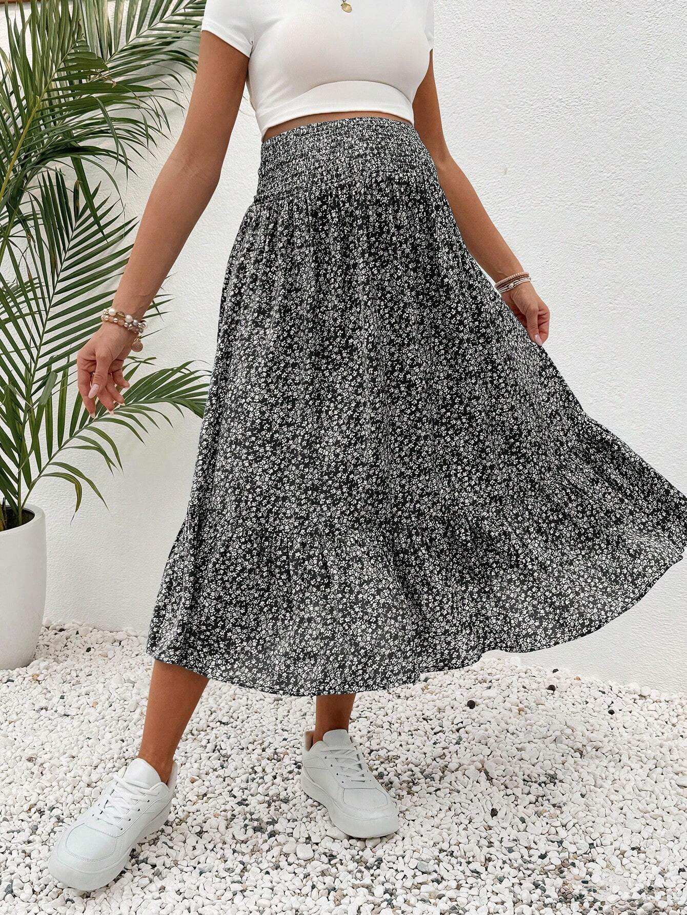 تنورة طيات متدفقة بخصر مطوي ذات رسومات وردية للإجازة الصيفية الحوامل - Pink&blue