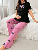 طقم بيجاما للحوامل والرضاعة بطبعة قلوب الحب - Pink&blue