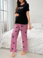 طقم بيجاما للحوامل والرضاعة بطبعة قلوب الحب - Pink&blue