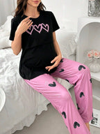 طقم بيجاما للحوامل والرضاعة بطبعة قلوب الحب - Pink&blue