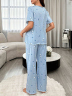 بيجاما حمل بأكمام قصيرة للإرضاع بطبعة الأزهار وبنطلون طويل - Pink&blue