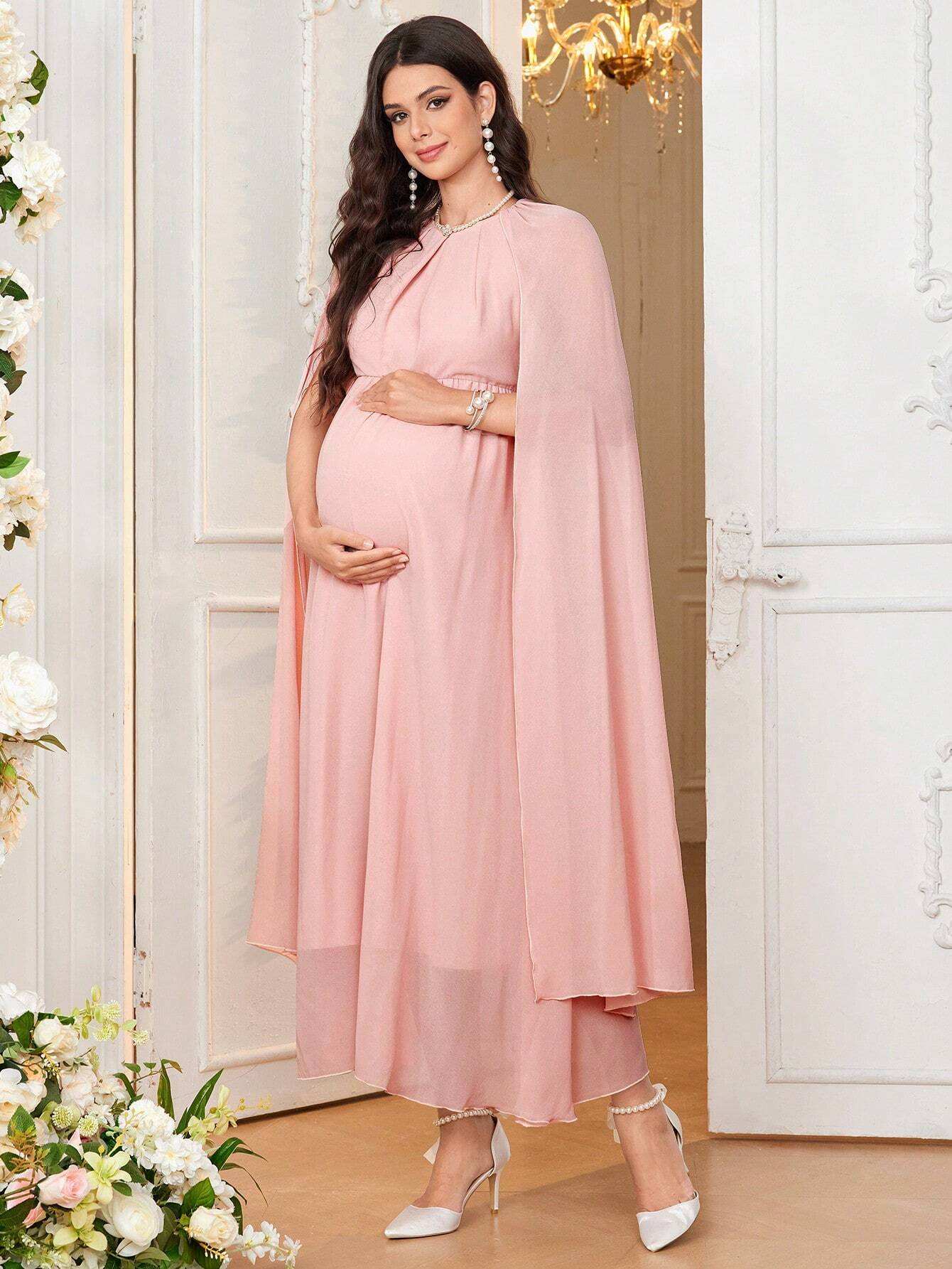 فستان ملائم برقبة دائرية وأكمام طويلة متوسعة مريح للحوامل وأنيق وشاب وناضج، للعطلات - Pink&blue