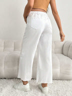 بنطلون جينز أبيض فضفاض للحمل، ملابس كاجوال مع خصر أبيض، سراويل حمل - Pink&blue