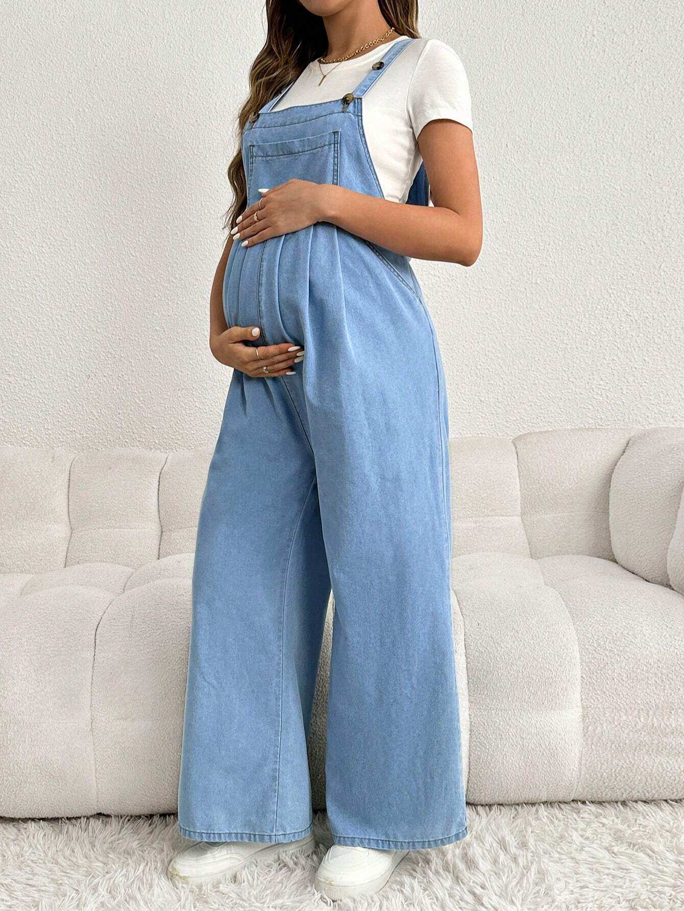 أوفرأول حمل فضفاض باللون الأزرق وتحتوي على حمالات كتف قابلة للتعديل وطويلة ومصنوعة من الدنيم - Pink&blue