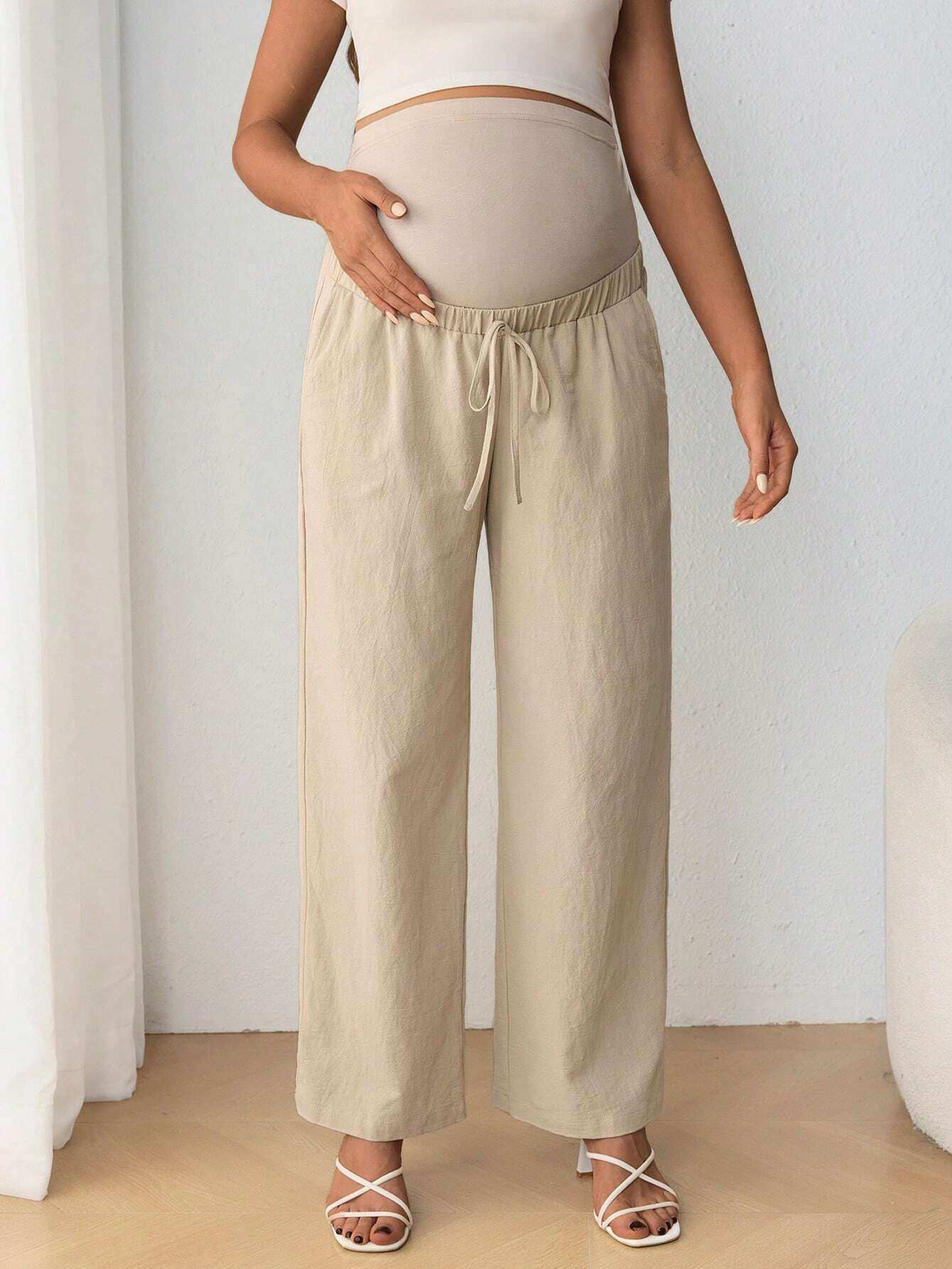 سروال حمل عارض مريح برباط مطاطي قابل للتعديل و القوس الربط لدعم البطن و الخصر العالي و الساق المستقيمة - Pink&blue