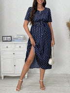 فستان حوامل ذو طبعات نقاط بسيط للاستخدام اليومي، أكمام قصيرة - Pink&blue