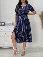 فستان حوامل ذو طبعات نقاط بسيط للاستخدام اليومي، أكمام قصيرة - Pink&blue