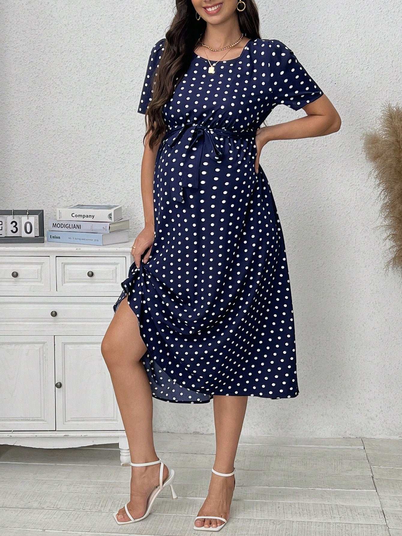 فستان حوامل ذو طبعات نقاط بسيط للاستخدام اليومي، أكمام قصيرة - Pink&blue