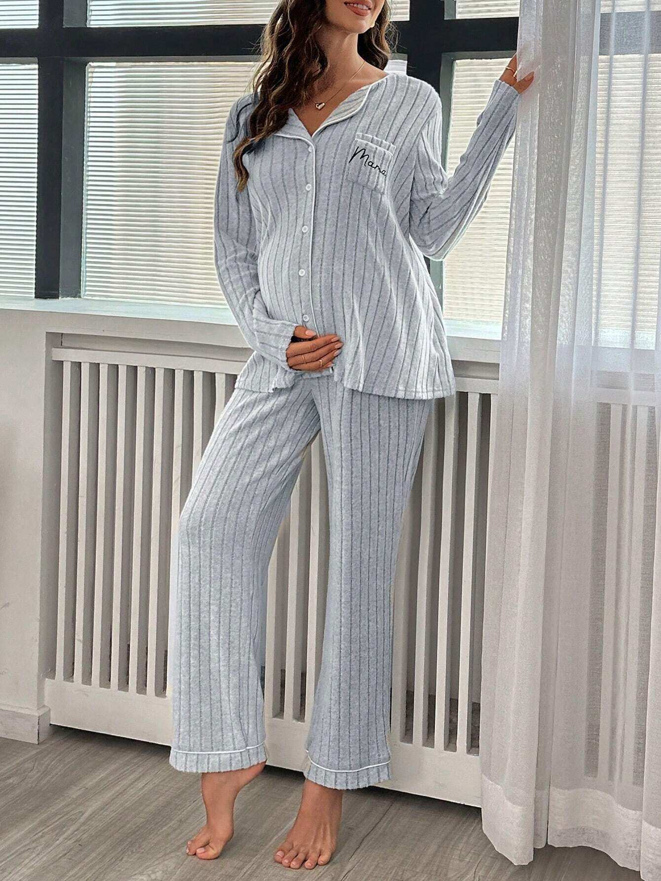 مجموعة بنطال وبلوزة طويلة الأكمام من الصوف المنسوج المطبوع بطباعة حروف الجيب للحمل - Pink&blue