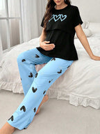 بيجامة حمل مريحة للإرضاع بطباعة القلب - Pink&blue