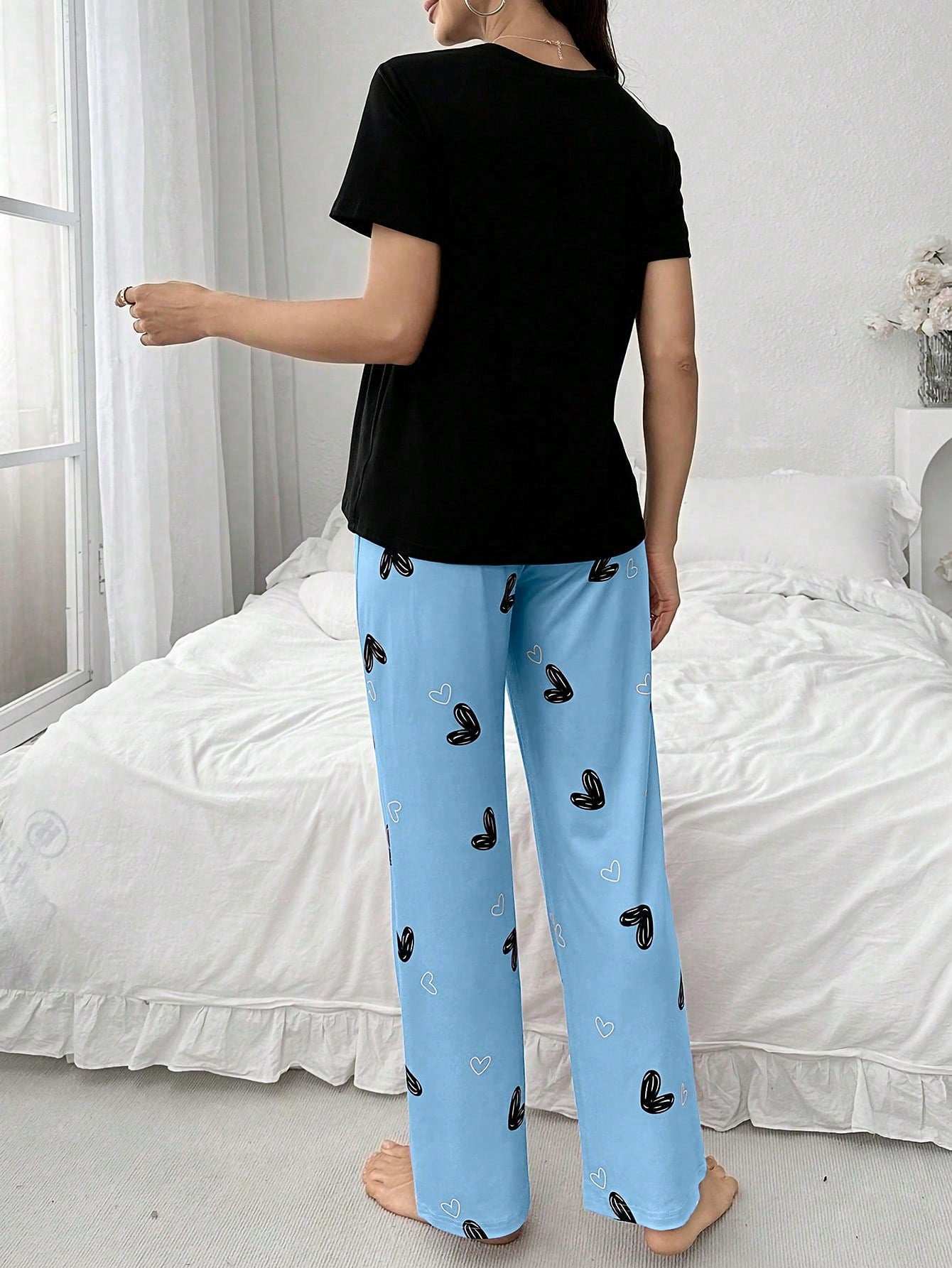 بيجامة حمل مريحة للإرضاع بطباعة القلب - Pink&blue